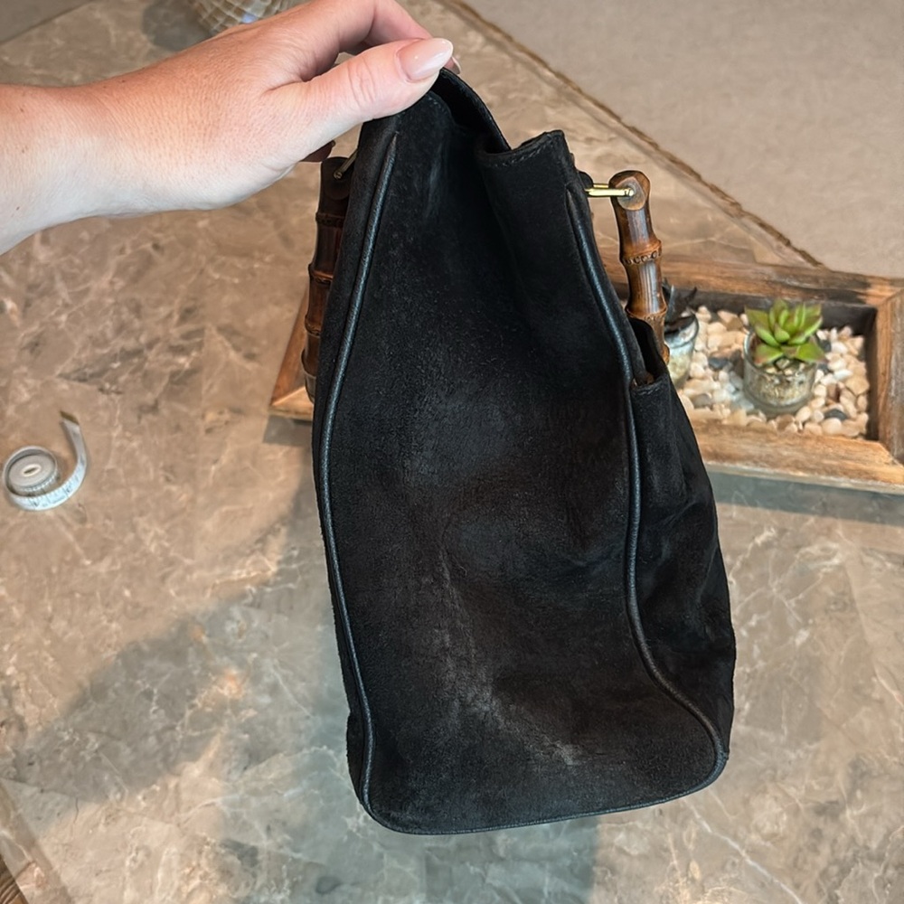 Black Suede Handbag with Bamboo Handles - Picture 6 of 16